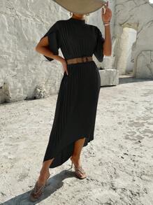 SHEIN LUNE 純色短袖百褶裙 - 黑色 - 查看 5