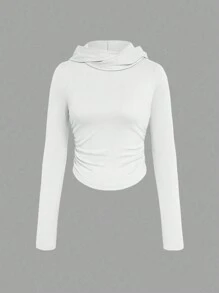 SHEIN Top Corto De Manga Larga Y Capucha De Color Sólido Para Mujer, Ideal Para La Primavera Y El Verano