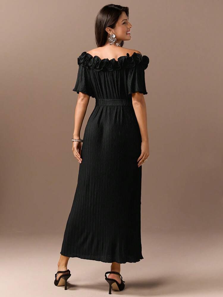 Women'S Solid Off Shoulder Ruffle Trim Decorated Bodycon Dress Long Evening Dresses