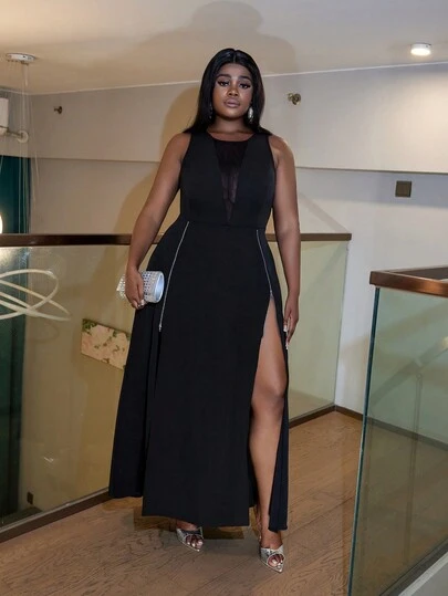 D&M Plus Size Woven Twill Sheer Deep V Neck Metal Zipper & Mushroom Shaped Buckle Front Long Dress With Hollow Out Detail At Back Center