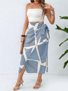 SHEIN LUNE Váy in họa tiết bất đối xứng cỡ lớn dành cho nữ có chi tiết thắt nút bên hông - Màu xanh lam - Xem 5