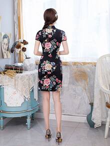 Fikoo Black Cheongsam Dress Women Elegant Short Qipao China Traditional Slim Fit Wedding Costume Dresses Side Slit - Black - View 2