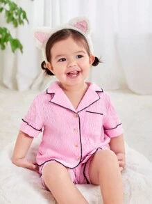 SHEIN 4pcs/Set Baby Girl's Casual Color Block Short Sleeve Cardigan And Elastic Waist Shorts Homewear - Multicolor - View 3