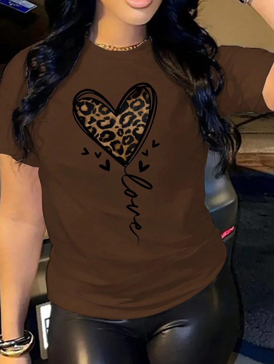 SHEIN Camiseta gráfica con estampado de leopardo, corazón y letra para mujer de talla grande, camiseta gráfica superior para el verano - Naranja - Ver 1