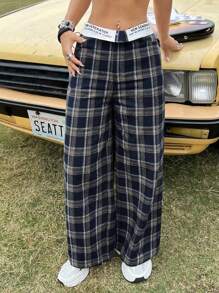 SHEIN EZwear 女士黑色格紋編織高腰寬腿褲,帶摺疊式紙袋腰 - 藏蓝色 - 查看 4