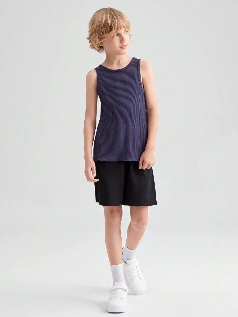 SHEIN Tween Boy Loose Fit Casual Knit Marl Tank Top With Round Neck - Navy Blue - View 1