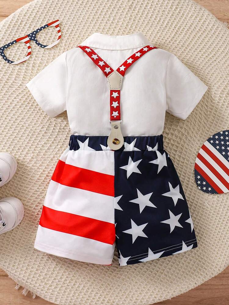 Baby Boy 2pcs Set Children Day Color Block Suspender Shorts, Casual Short-Sleeved Shirt & Color Block Suspender Shorts Gentleman Outfit