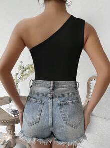 Chiquease Women's Summer Asymmetrical Shoulder Ruched Sleeveless Bodysuit - Black - View 7