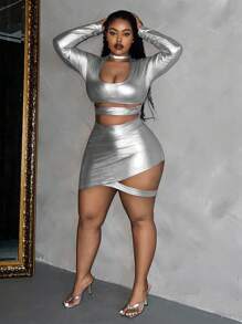 Slaydiva Plus Kích Thước Thanh Lịch & Gợi Cảm Chắc Chắn Ôm Vừa Vặn Bất Đối Xứng Vải Phủ Pu Dài Tay Mini Đầm Khoét Hở - Bạc - Xem 1