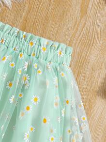 SHEIN 青少年女孩 2 件套雏菊吊带上衣和蓬松短裙套装，非常适合暑假、度假、夏季、旅行 - 薄荷綠 - 查看 5