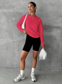 SHEIN Cottnline Women's Simple Solid Color Round Neck Sweatshirt With Long Sleeves - Watermelon Pink - View 4