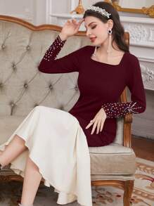 Modelyn Burgundy Red Women Color Block Patchwork Diamond Decorated Fish Tail Dress - Burgundy - View 3
