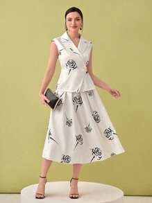 Modelyn Floral Print Collared Top & Skirt Suit, Suitable For Summer - Black and White - View 1