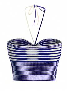 SHEIN Unity 女式時尚夏季條紋針織上衣,帶頸帶 - 寶藍色 - 查看 2