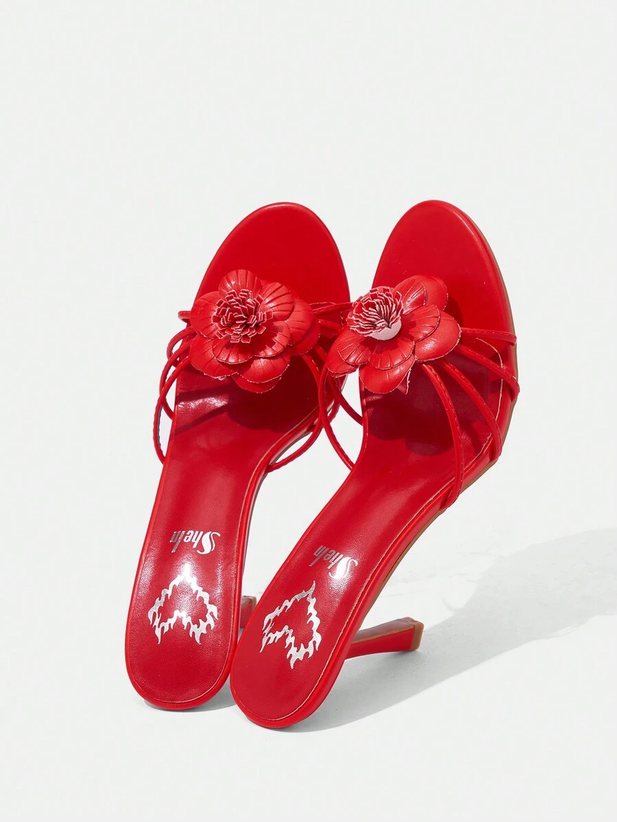 SheIn ICON Giày cao gót mũi tròn họa tiết hoa bằng da PU màu đỏ cho nữ, giày đi nghỉ, giảm giá mùa hè, Halloween, Giáng sinh, thu - Đỏ - Xem 1