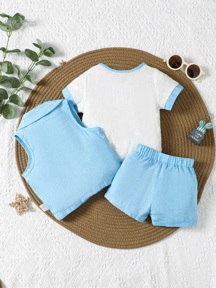 Baby Boy's Gentleman Style Casual Color Block Short Sleeve Shirt, Vest And Shorts Set For Summer, Lightweight