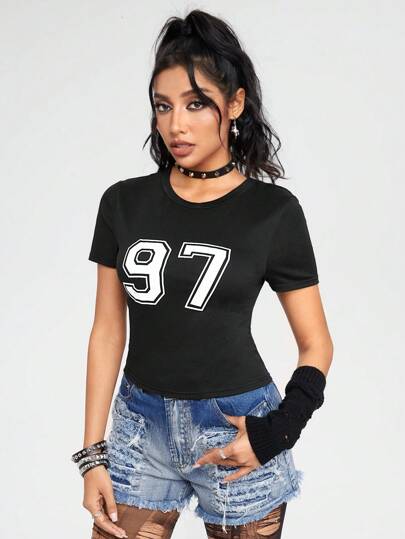 Women'S Casual Slim Fit Elastic Short Sleeve T-Shirt With Round Neck And Digital 97 Print, Versatile