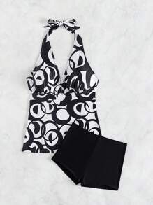 Swim DD+ Đồ bơi Tankini không tay cổ yếm in họa tiết cho nữ, Bộ đồ tắm đi biển mùa hè - Đen và trắng - Xem 4