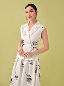Modelyn Floral Print Collared Top & Skirt Suit, Suitable For Summer - Black and White - View 3