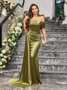 SHEIN Belle Váy phù dâu trễ vai màu trơn dành cho người lớn, thích hợp cho tiệc cưới, váy dạ hội trang trọng dành cho phụ nữ, váy dự tiệc cưới thanh lịch, dự tiệc tốt nghiệp, tiệc tối, giáng sinh - màu xanh lá - Xem 3