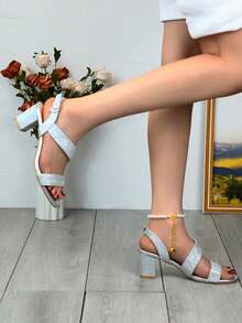 2024 Quý cô Mùa hè Hình chữ -S Dây đeo rộng Có thể điều chỉnh Mặc vào Đúng mốt Gợi cảm Buổi tiệc Giày cao gót Dép xăng đan - Bạc - Xem 4