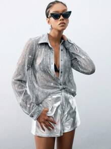 Maija Women Fashion Silver Color Party Shorts, Festival - Silver - View 3