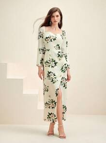 Anewsta Women's Floral Print Sweetheart Neck Wrap Front Split Dress - White - View 4