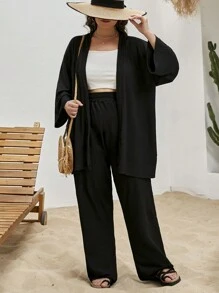 RueChic Solid Drop Shoulder Kimono & Pants - Black - View 1