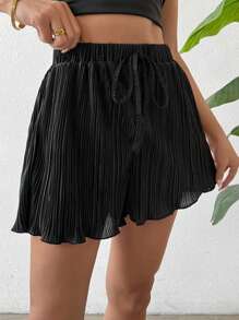 Firerie Short de verano negro, elegante y versátil para mujer, con pliegues lisos, cintura elástica de pierna ancha, ideal para salidas casuales y vacaciones - Negro - Ver 5