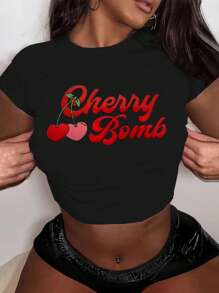 INAWLY 女士樱桃和字母印花短款 T 恤图案 T 恤女士上衣 - 黑色 - 查看 1