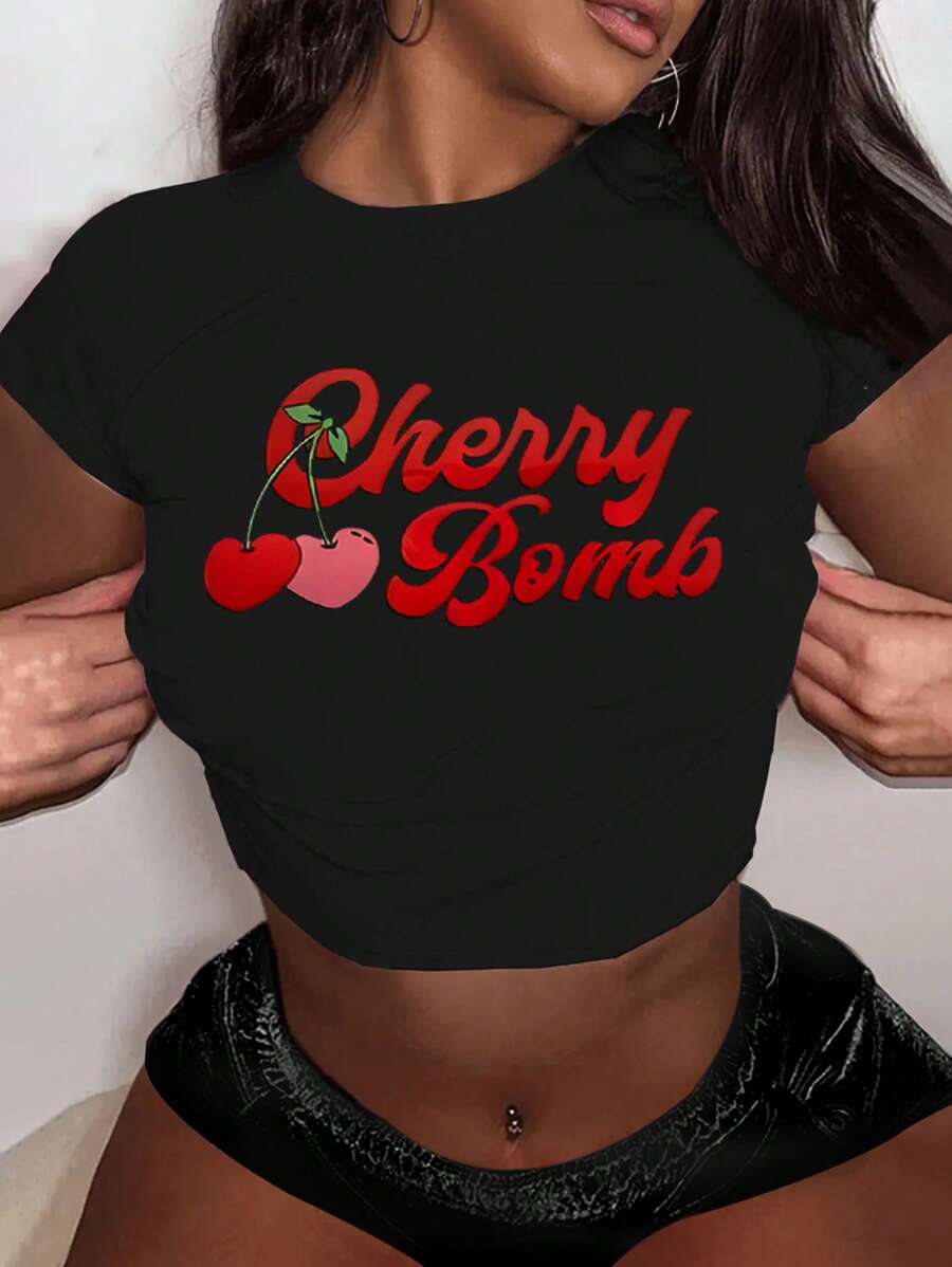 INAWLY 女士樱桃和字母印花短款 T 恤图案 T 恤女士上衣 - 黑色 - 查看 1