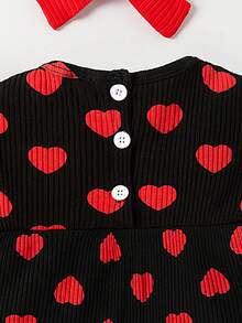 SHEIN Bé gái sơ sinh Giải trí Đơn giản Tim In Xù Hoa Sen Tay áo dài Đầm Với dây buộc tóc - màu đen - Xem 5