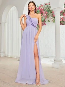 3D Floral Decor Ruffle Bust Tie-Front Open Back High Slit Chiffon Bridesmaid Dress - Purple - View 1