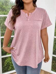 EMERY ROSE Áo thun tay bo cài nửa nút phía trước màu trơn cỡ lớn Áo thun Henley Áo thun màu hồng Áo thun màu hồng Áo thun màu hồng dành cho nữ - Hồng - Xem 3