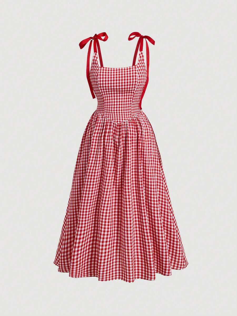 SHEIN MOD Plus Size Women's Summer Plaid Spaghetti Strap Dress With Shoulder Knot Detail
