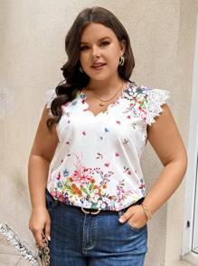 SHEIN Clasi Áo Sơ Mi Nữ Tay Xòe Phối Ren In Hoa Plus Size Viền Cong Và Cổ Chữ V Cho Mùa Hè - Nhiều màu - Xem 5