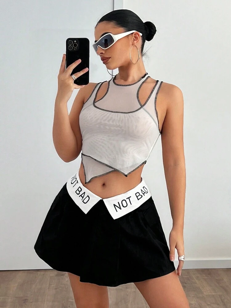 Women's Y2k Gorpcore Spring Outfits Summer Going Out Color Block Letter Print Fold-Over Low Waist Pleated Mini Skirt