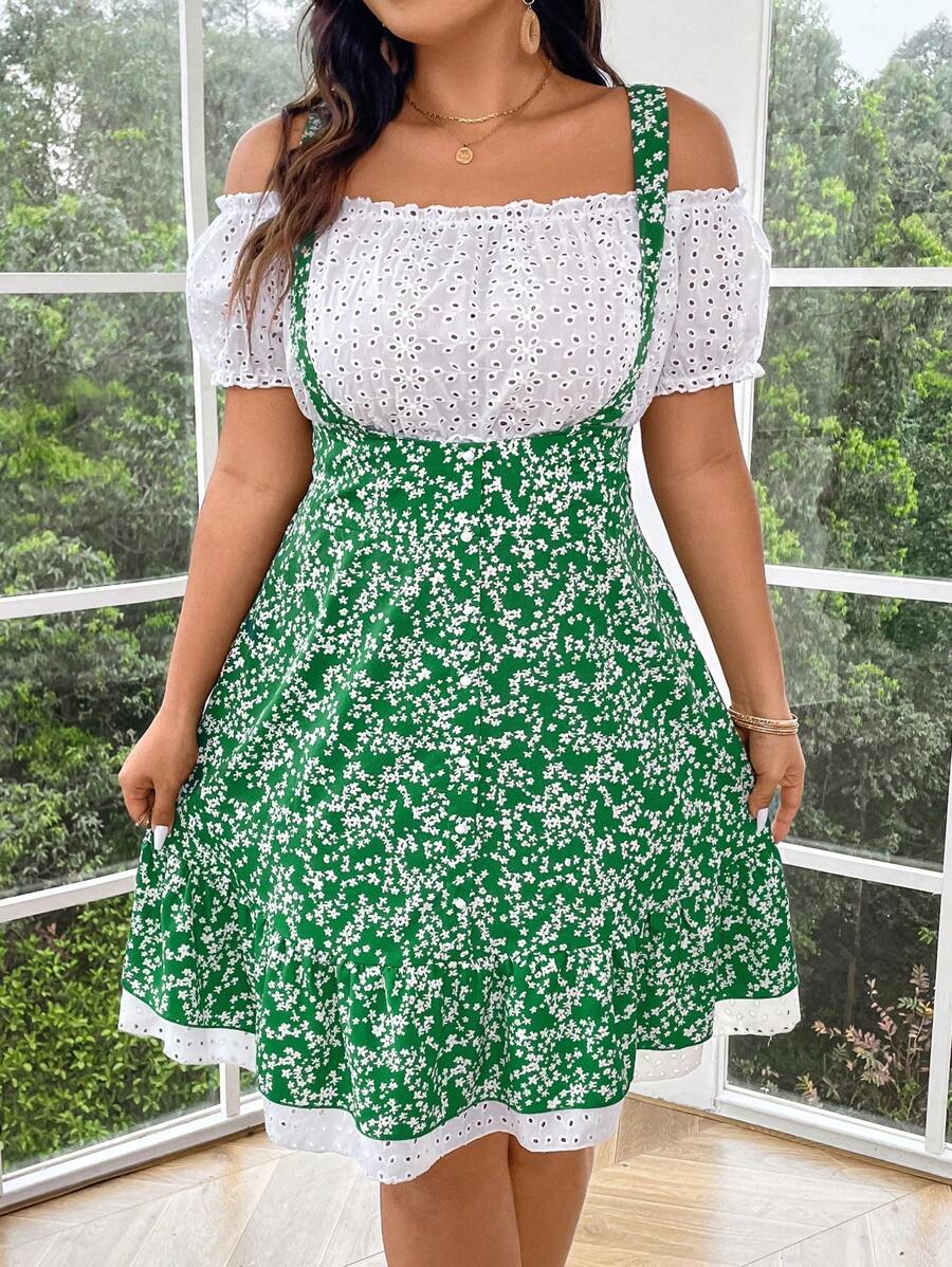 SHEIN LUNE Conjunto de 2 piezas de talla grande para mujeres con estilo campestre de parches con estampado floral pequeño - Multicolor - Ver 1