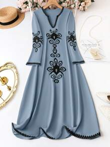 Breezaya Plus Size Women's Floral Embroidery Notched Neckline Dress - Dusty Blue - View 1