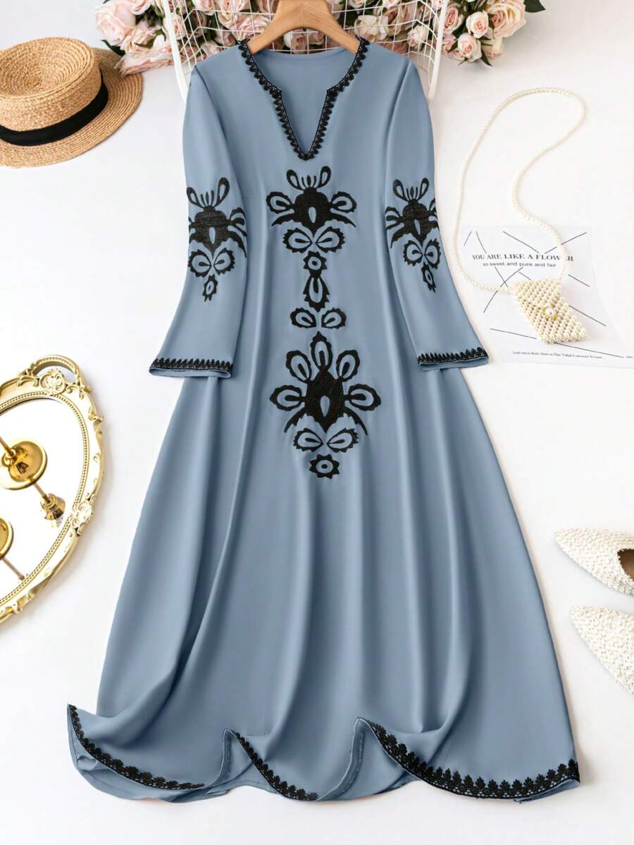 Breezaya Plus Size Women's Floral Embroidery Notched Neckline Dress - Dusty Blue - View 1