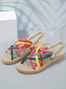 Women's Flat Rainbow Color Casual Sandals With Woven Rope Soles, Summer