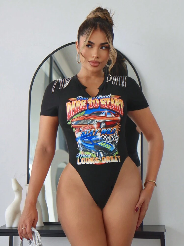 Racing Style Casual Summer Women's Rhinestone Fringe Small V-Neck Race Car Printed Bodycon Bodysuit