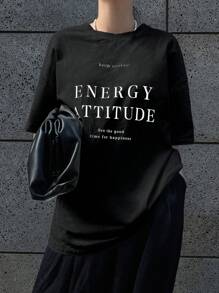 DAZY 宽松字母印花圆领短袖女式T恤保持微笑能量态度为您带来美好时光夏季超大T恤，图案T恤 - 黑色 - 查看 5