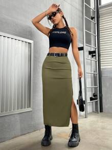 SHEIN PETITE Ladies' Military Green Pleated High Slit Skirt - Army Green - View 7