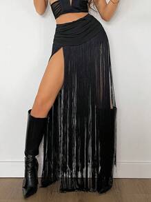 SHEIN ICON 女性低腰緊身寬腿褲,配有極長的流蘇 - 黑色 - 查看 1