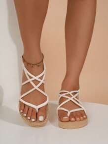 New Style Women Platform Sandals, Criss-Cross Strap Design, Simple & Fashionable, Light-Weight, Suitable For Beach, Vacation, Elegant & Versatile Low Heel, Beige - Beige - View 6