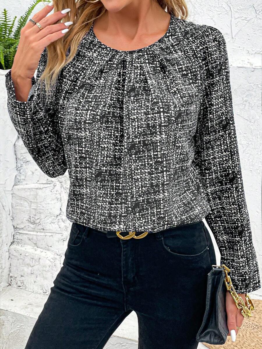 SHEIN Clasi 女士印染圓領寬鬆長袖襯衫 - 黑色 - 查看 1