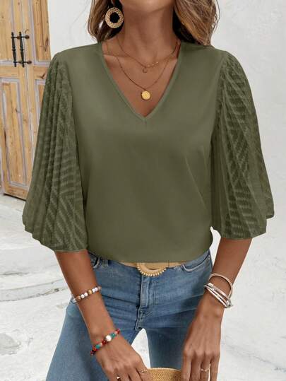 EMERY ROSE Women's Mesh Splice V-Neck Summer Shirt