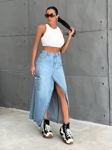 EURMUSE Cargo Pocket, Long Skirt - Medium Wash - View 1