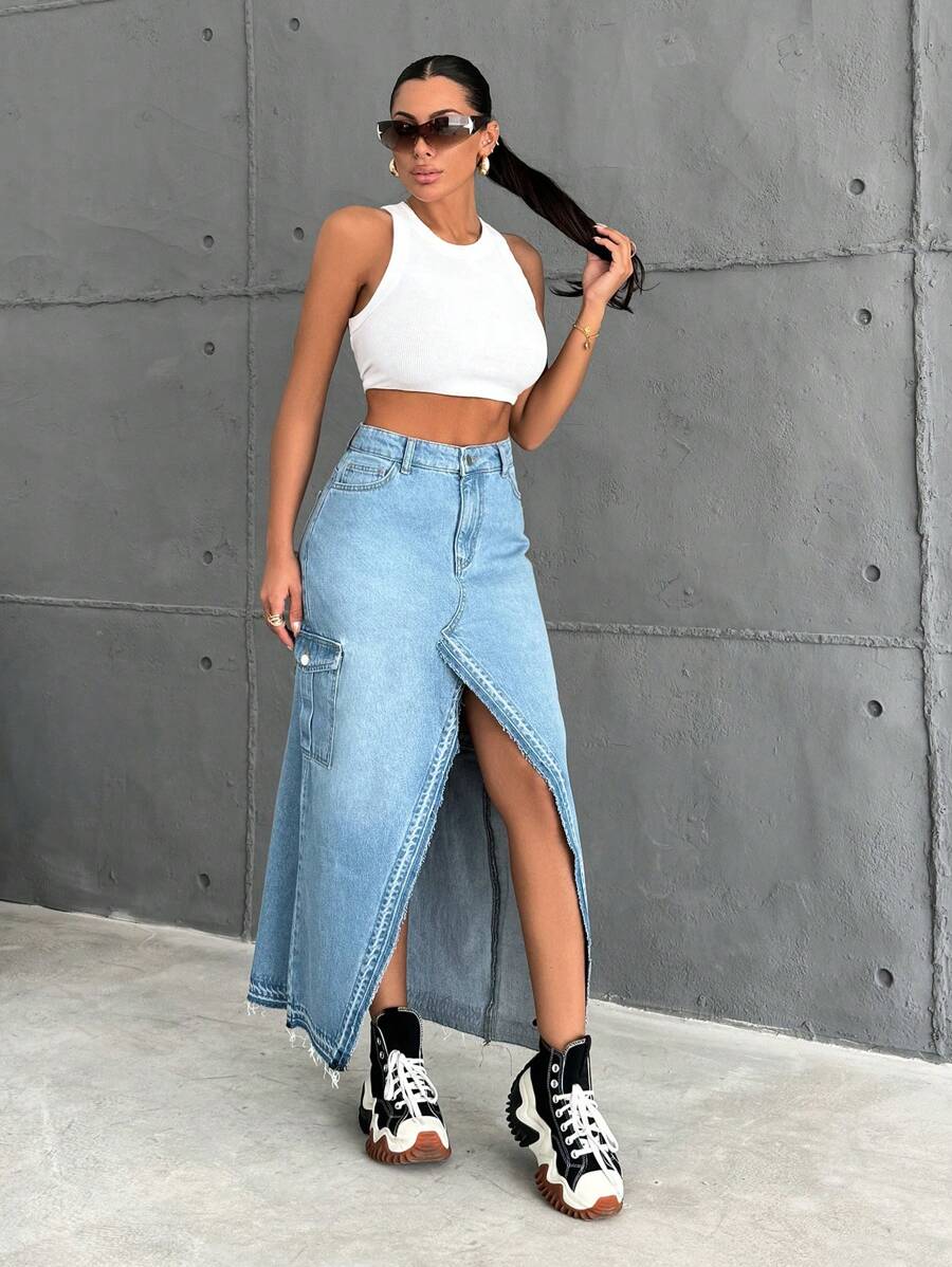 EURMUSE Cargo Pocket, Long Skirt - Medium Wash - View 1